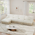 Unique Chesterfield Style Modular Sectional Sofa, 135.6” L-shaped Boneless Sofa with Velvet Fabric, Floor-grazing Tassel Fringe Skirt and Button Tufted Design for Living Room, Easy to Assemble, Beige