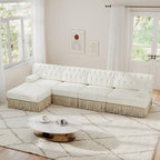 Unique Chesterfield Style Modular Sectional Sofa, 135.6” L-shaped Boneless Sofa with Velvet Fabric, Floor-grazing Tassel Fringe Skirt and Button Tufted Design for Living Room, Easy to Assemble, Beige
