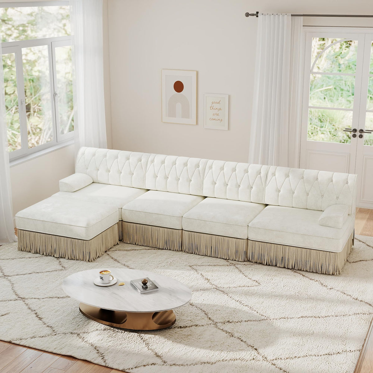 Unique Chesterfield Style Modular Sectional Sofa, 135.6” L-shaped Boneless Sofa with Velvet Fabric, Floor-grazing Tassel Fringe Skirt and Button Tufted Design for Living Room, Easy to Assemble, Beige