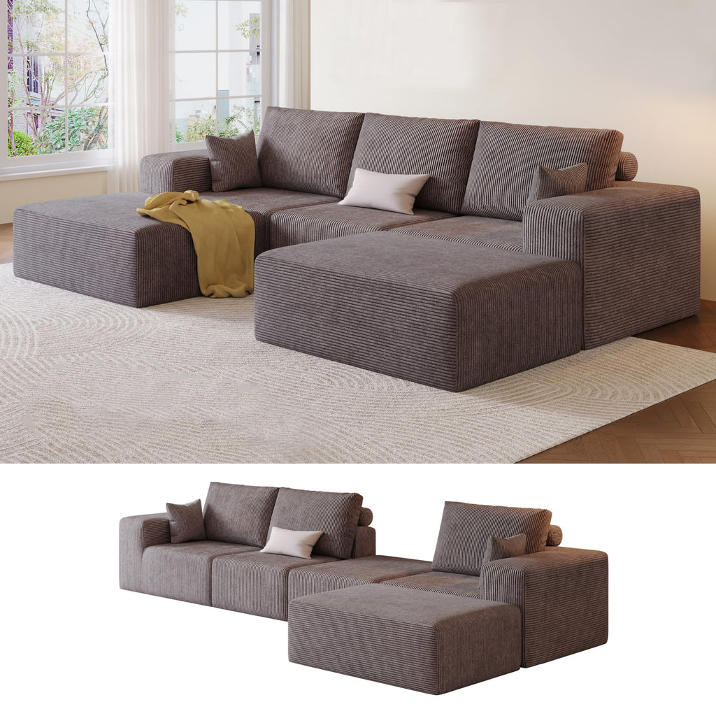 109" L-Shaped Corduroy Oversized Sectional Sofa w/Ottoman, Brown