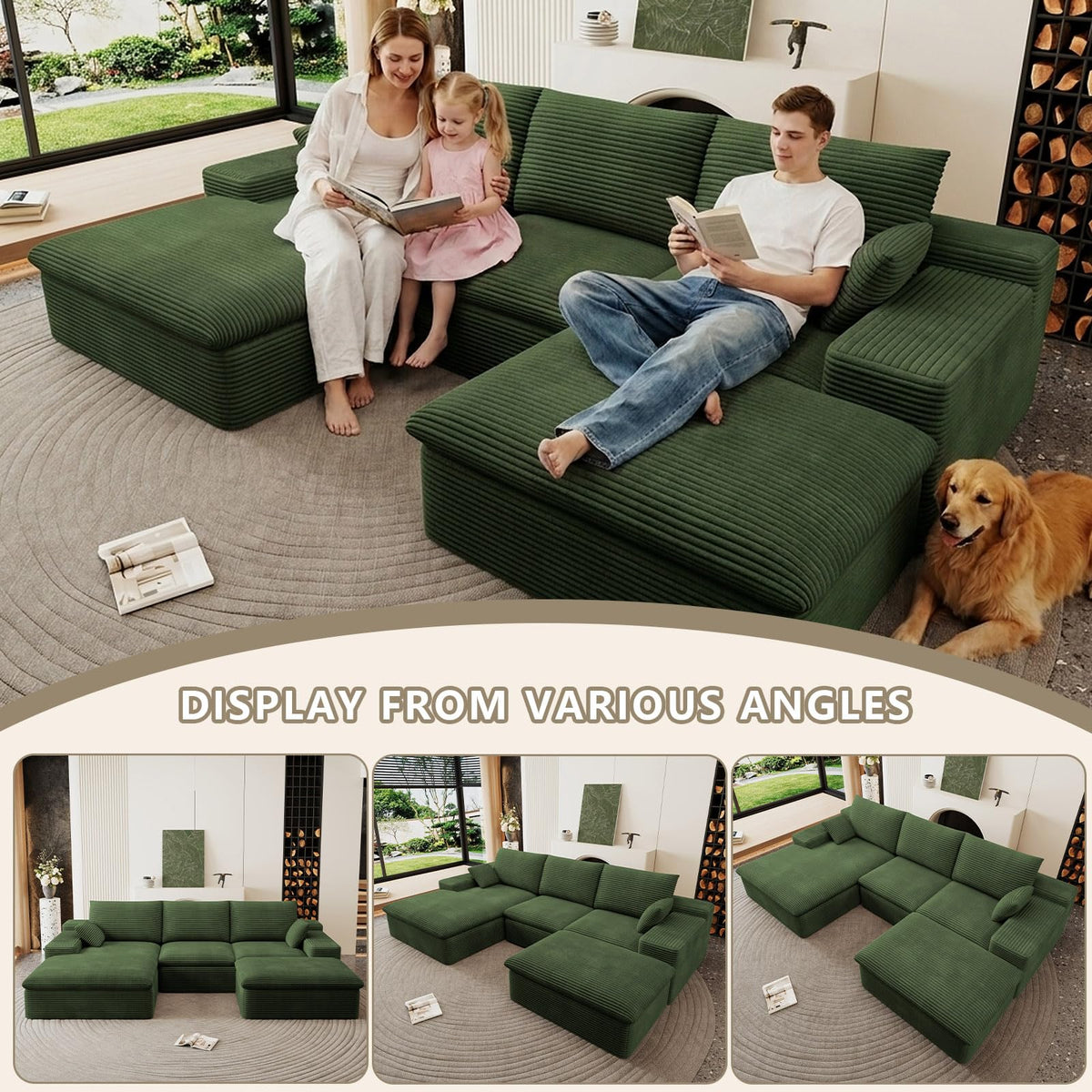 107" Cloud Couch Modular Sectional Couchs with Chaise Lounge, U-Shape Boneless Couches with Ottoman for Living Room, Corduroy Sofa with Deep Seat, No Assembly Required (Green, Left Facing Chaise)