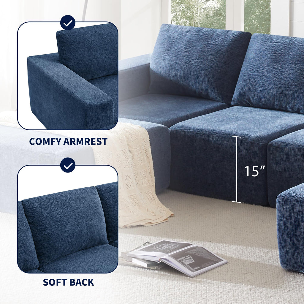 110" Cloud Chenille Deep Seat Chaise Lounge Indoo, Modular Sectional Sofa with Spring Pack Support, Modern Boneless Compressed Floor Sectional Sofa with U-Shaped for Living Room, Navy