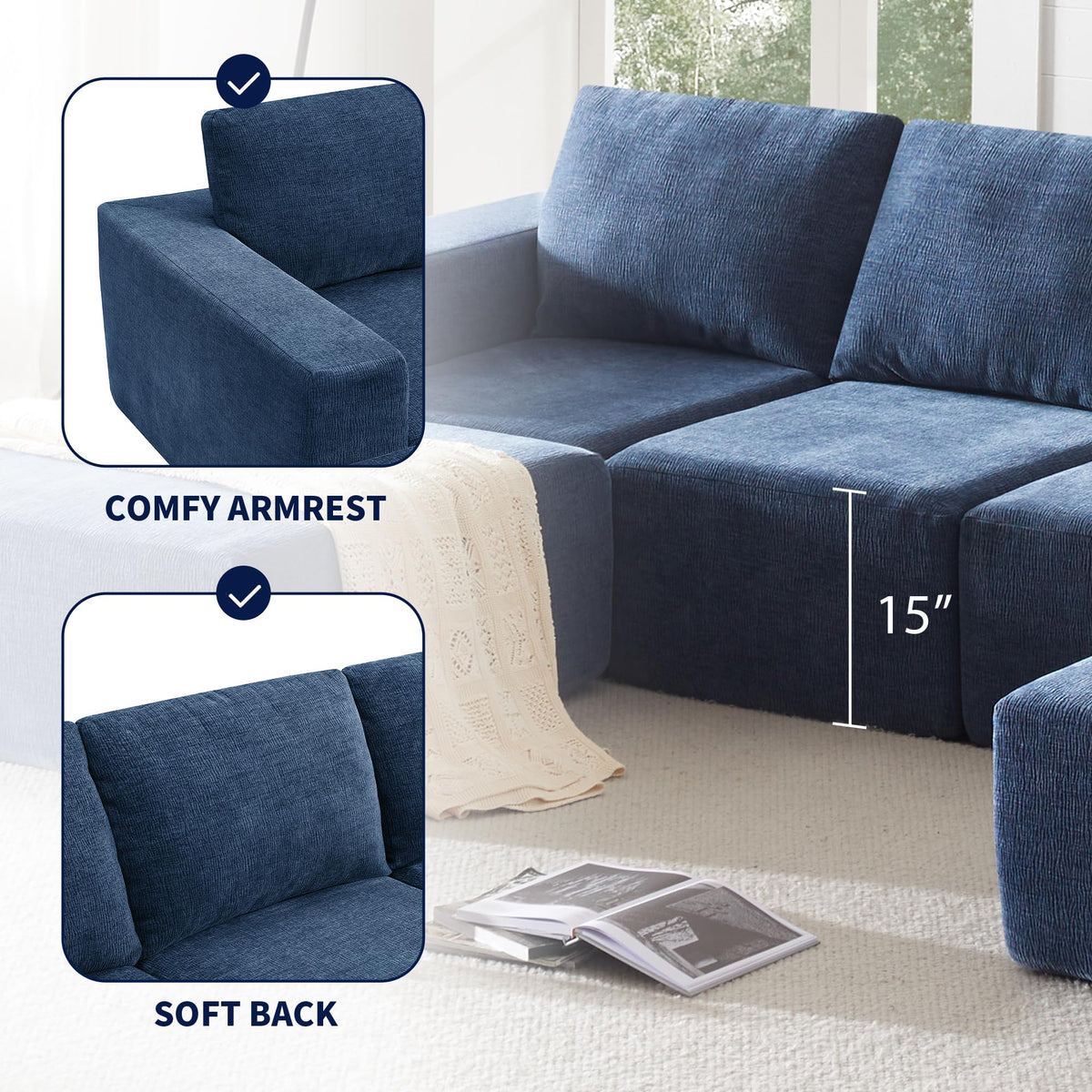 110" Cloud Chenille Deep Seat Chaise Lounge Indoo, Modular Sectional Sofa with Spring Pack Support, Modern Boneless Compressed Floor Sectional Sofa with U-Shaped for Living Room, Navy