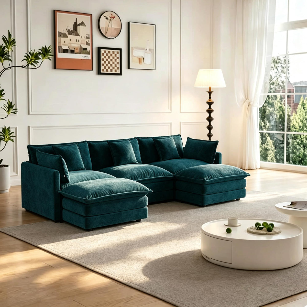 103.8" L-Shaped Sectional Sofa, Modular Chenille Cloud Couch, Deep Seat 4-Seat Sofa for Living Room with Ottoman & Pillow, Easy Assembly, Blue