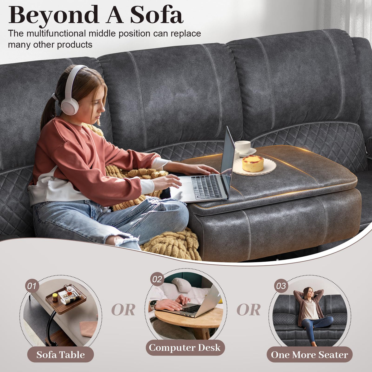 Yolsali Velvet Fabric Recliner Sofa, 3 Seater Manual Reclining Sofa with Multi-Function Middle Seat, Reclining Couches for Living Room with Removable Console, Hidden Storage Space, Cup Holders - Grey