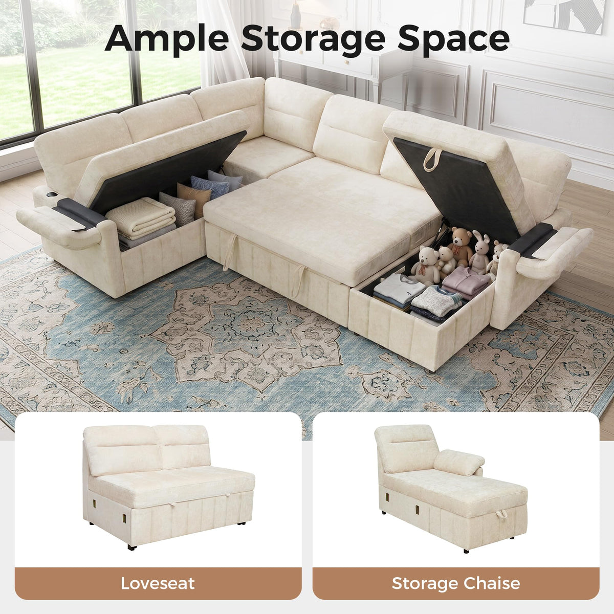 Tbfit 107" U-Shaped Sectional Sleeper Sofa, 7-Seat Sofa with USB & Storage Chaise for Family Rooms, Beige