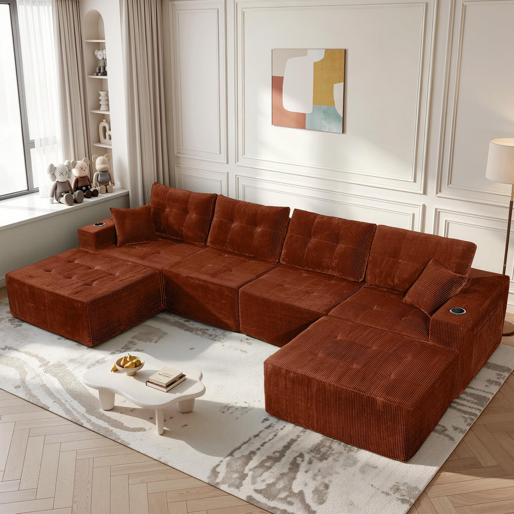 113" Boneless Modular Sectional Sofa, L-Shape Couch, 4-Seat Gray Corduroy