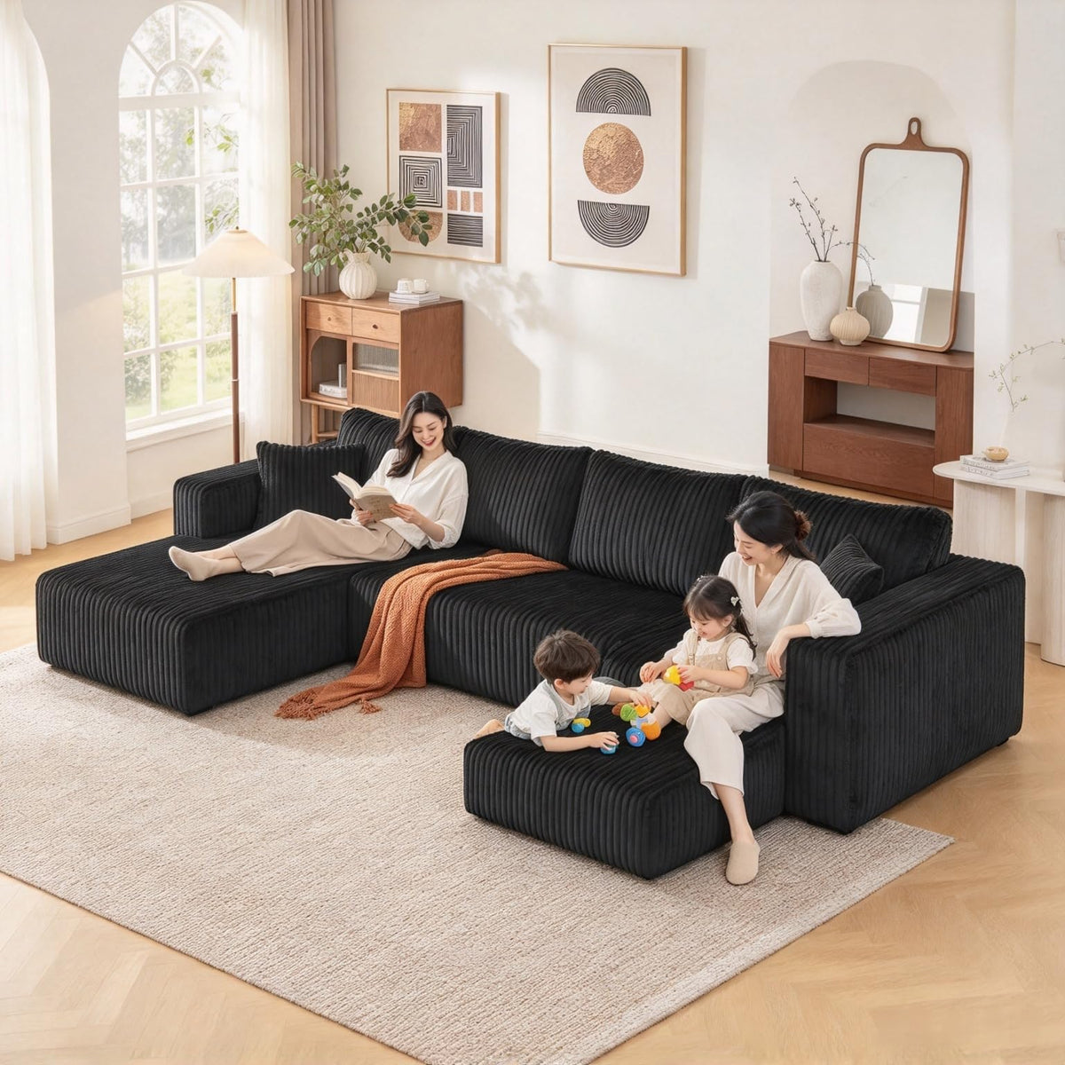 132" Black U Shape Compressed Cloud Modular Sofa Corduroy Memory Foam Sleeper Couch Side Pockets No Assembly Living Room