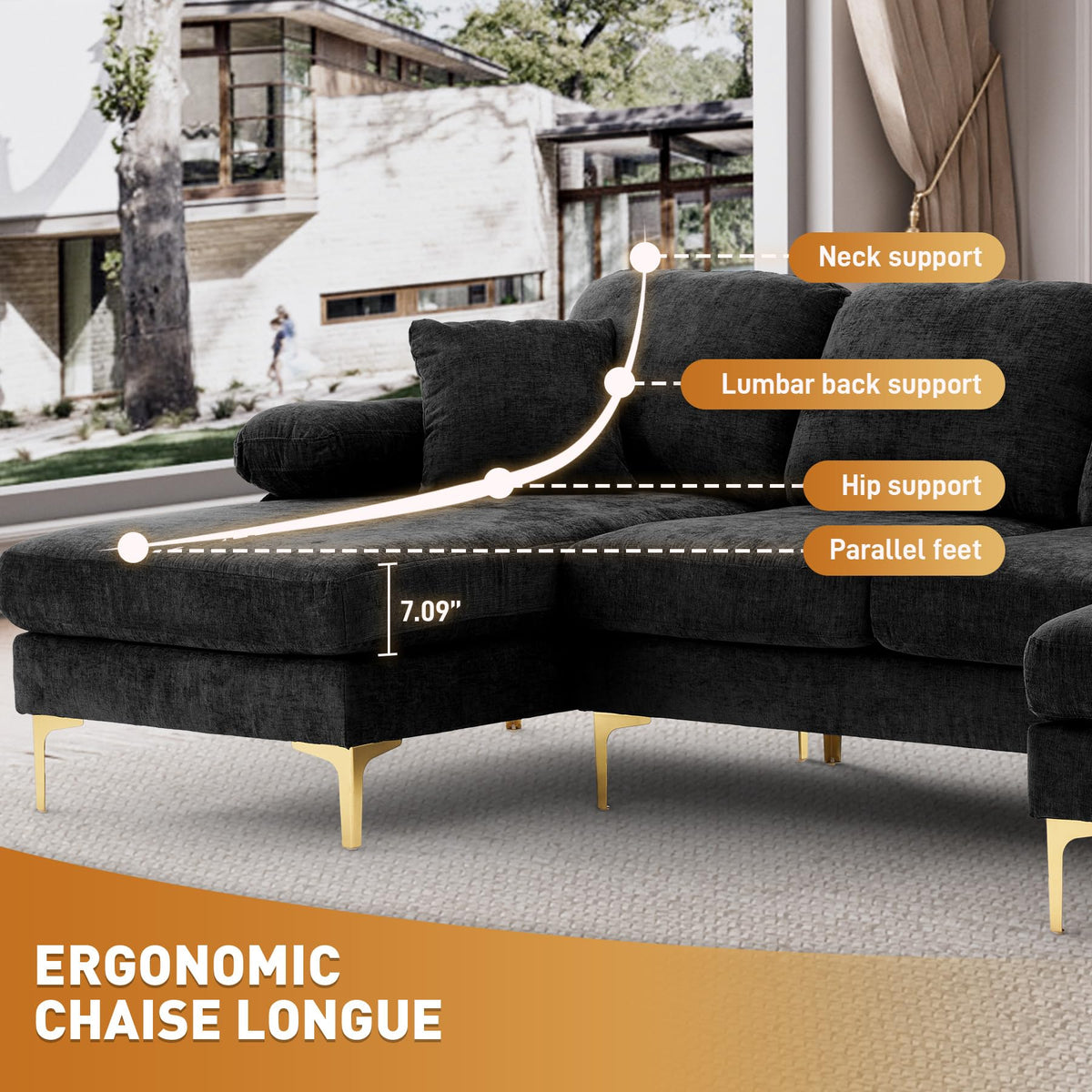 Wrofly U Shaped Couches for Living Room, Convertible L Shaped Couch with Double Chaise Lounge, Modern Comfy Oversized 4 Seater Couches for Living Room Set, Black