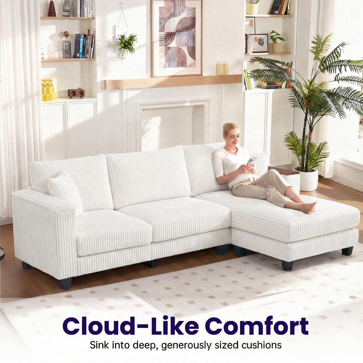 114" Cloud Sectional Couch with L-Shape Reversible Chaise, Modern Corduroy L Shaped Couch with 2 Pillows & Storage Armrests, 4 Seater Sectional Couches for Living Room, Plush Corduroy, White
