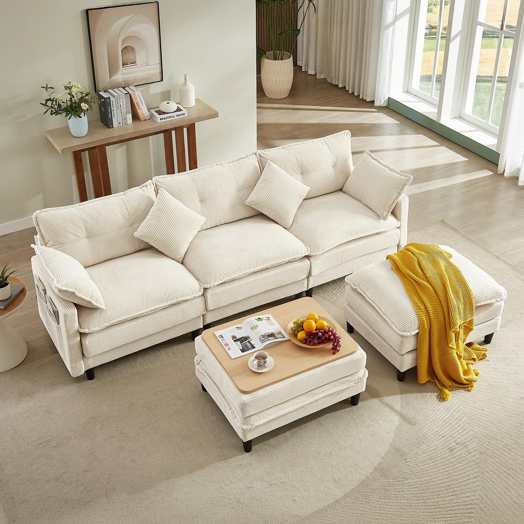 107.3'' Oversized Cloud Couch L Shaped Modular Sectional Sofa, Premier Comfy Corduroy Couch with Ottoman, Modern 3 Deep Seat Sectional Couches for Living Room, Solid Wood Frame&Spring,Tool-Free Green
