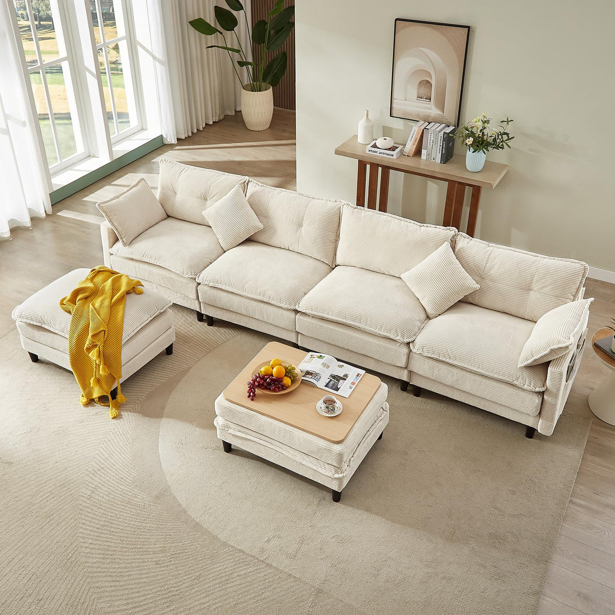107.3'' Oversized Cloud Couch L Shaped Modular Sectional Sofa, Premier Comfy Corduroy Couch with Ottoman, Modern 3 Deep Seat Sectional Couches for Living Room, Solid Wood Frame&Spring,Tool-Free Green
