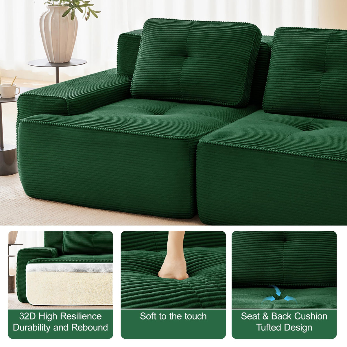 Tidyard 11? Modern L-Shaped Modular Sectional Sofa for Living Room, Corduroy Fabric 3-Seater Couch with Deep Seat, Movable Ottoman, Tufted Design, No Assembly, Anti-Slip Base, Green
