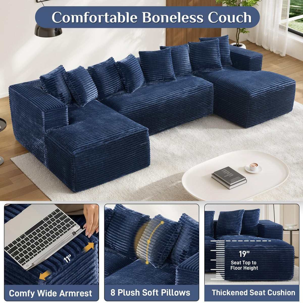 131" Oversized U-Shaped Cloud Sectional Sofa with Double Chaise, Blue