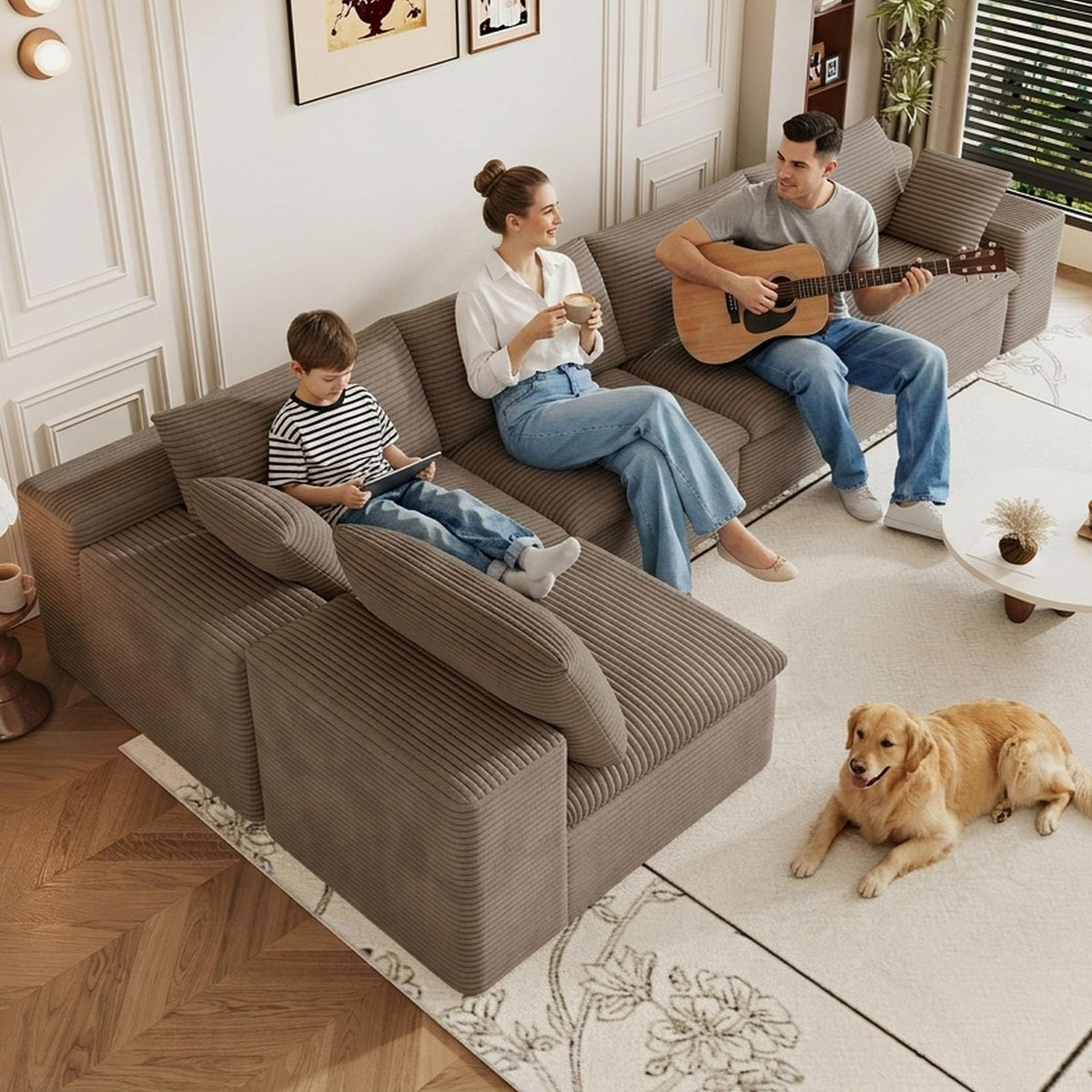 107" Cloud Couch Modular Sectional Couchs with Chaise Lounge, U-Shape Boneless Couches with Ottoman for Living Room, Corduroy Sofa with Deep Seat, No Assembly Required (Green, Left Facing Chaise)