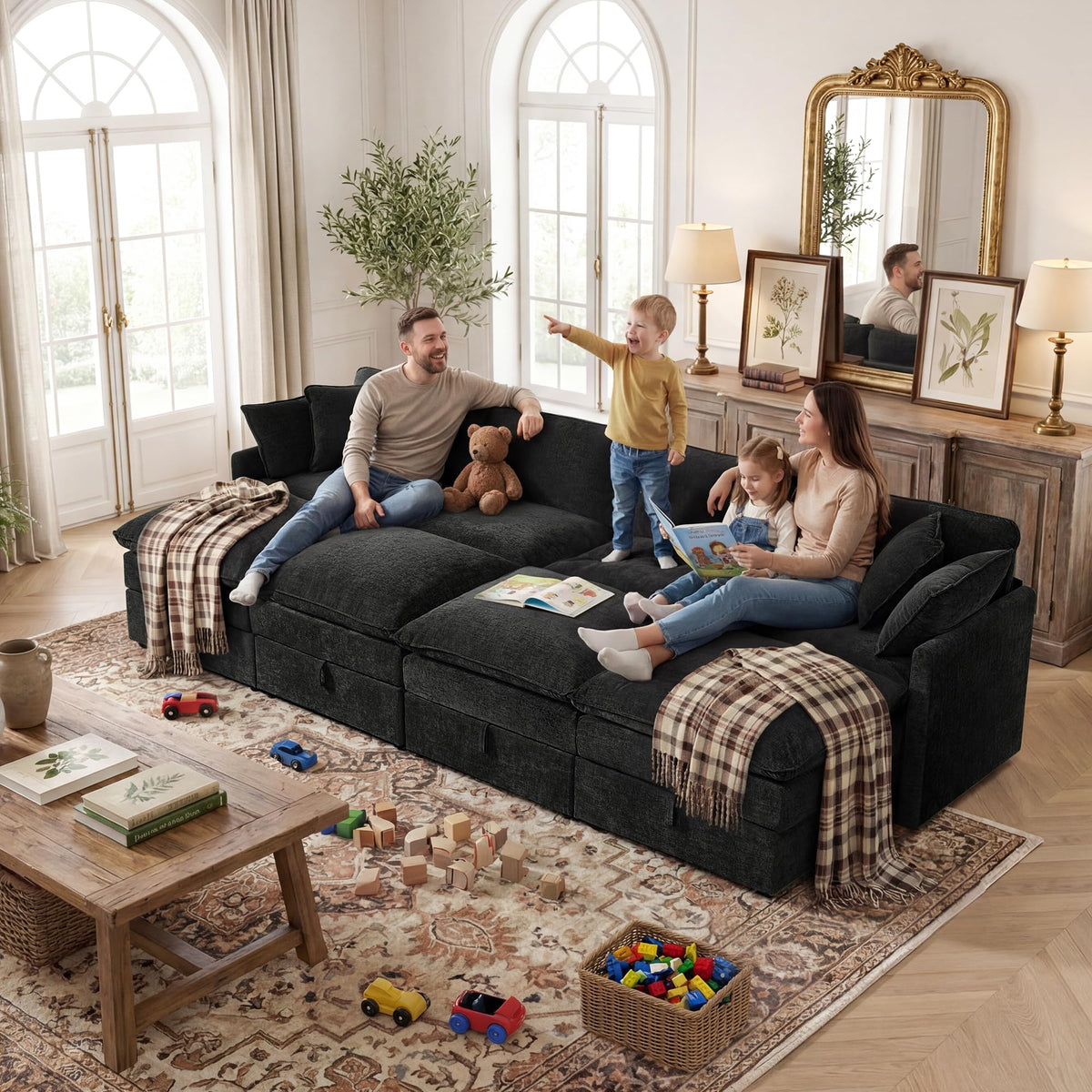 WorthFurni Modular Sectional Sofa Bed with Storage Ottomans,135" Cloud Couch,6-Seater Comfy Modern Couches with Pillows & Upholstered Deep Seat Cushion for Apartment Living Room Bedroom（Black）