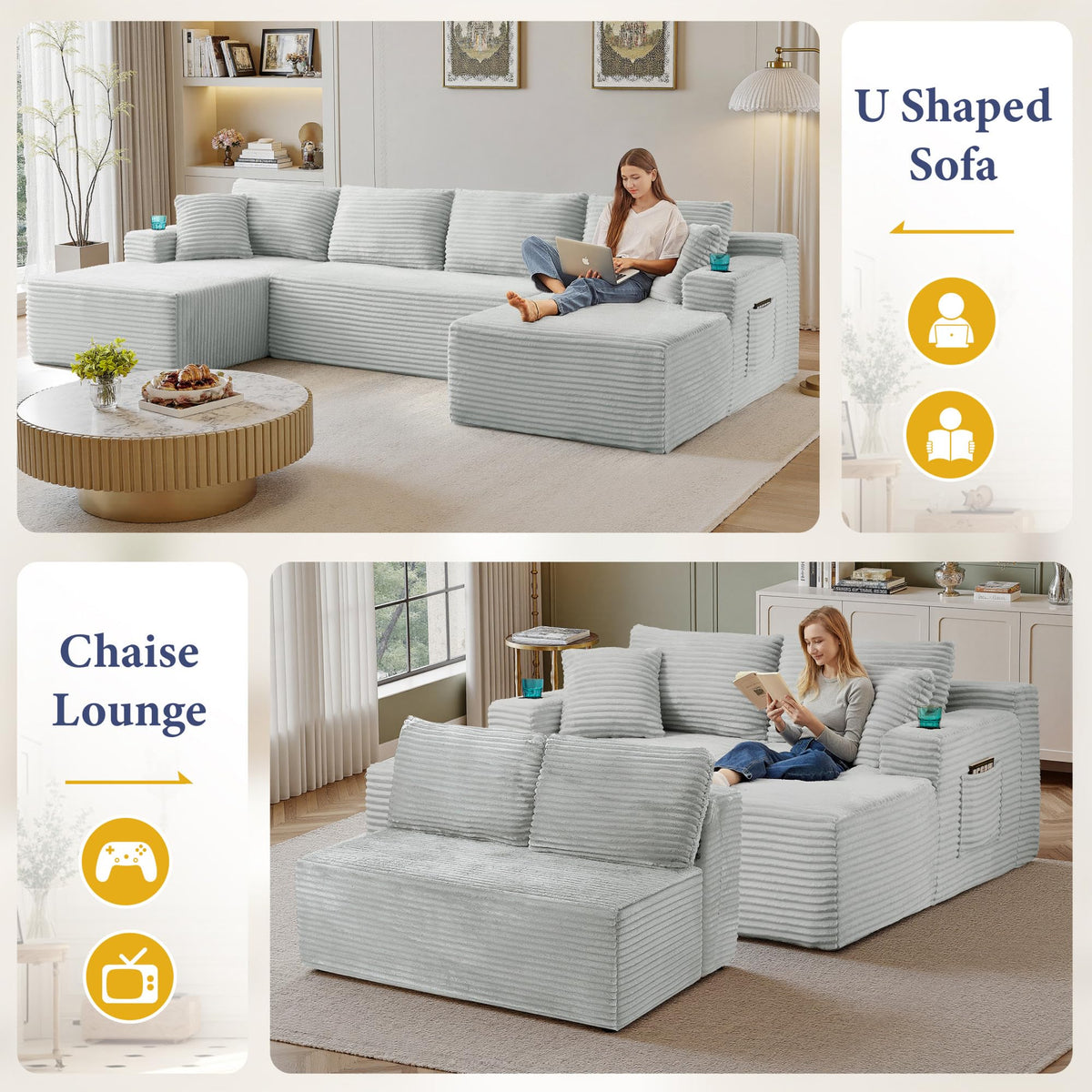 134 Inch Modular Corduroy Sectional Sofa, Oversized U-Shaped Cloud Couch, Boneless 5-Seater Sofa with Storage Pockets & Cup Holders, No Assembly Required