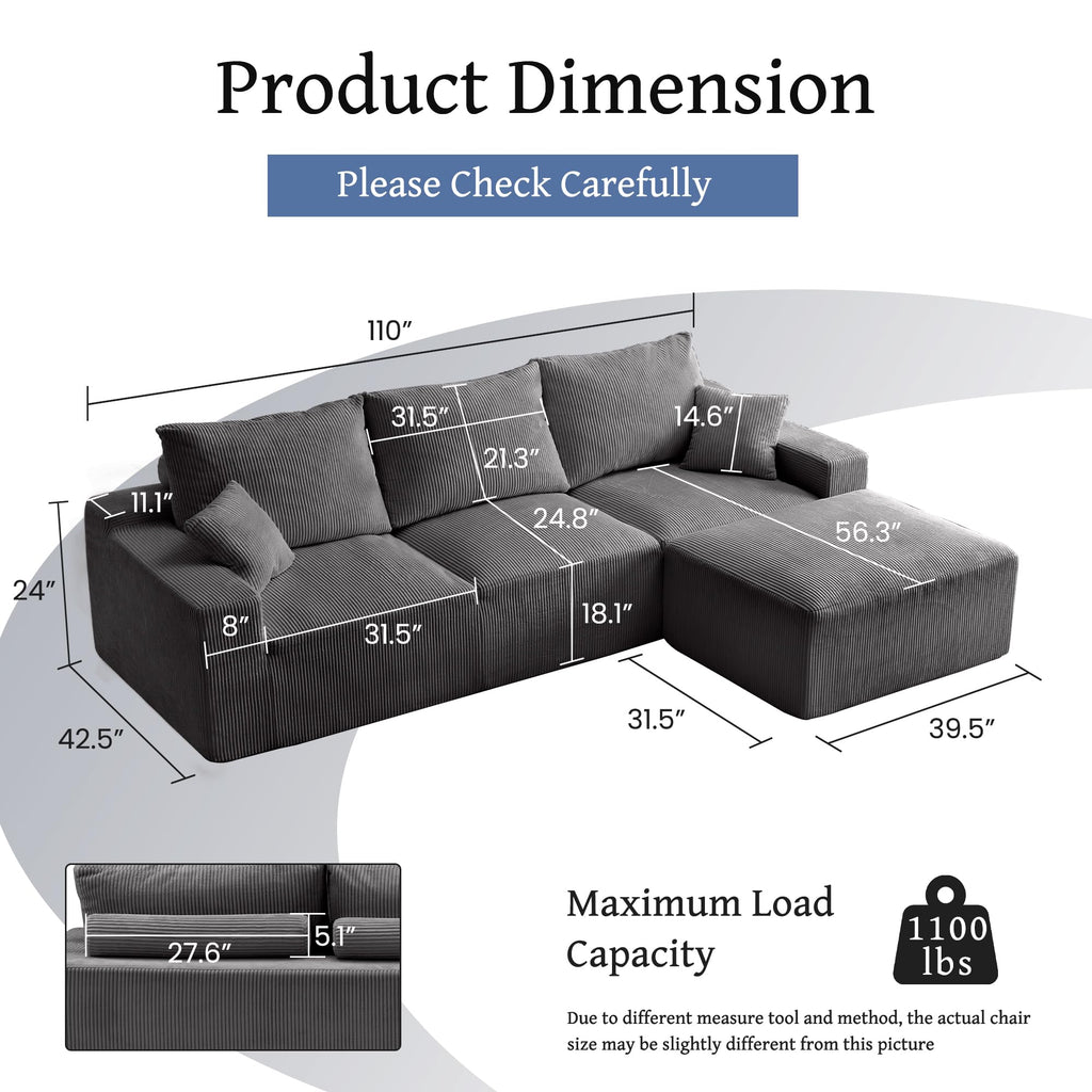110" L Shaped Sectional Sofa, Full Compression 3 Seater Cloud Couch with Chaise, No Assembly Required Sofa for Living Room, Ultra Soft Deep Seat Modular Sofa(Corduroy, Grey) NE887