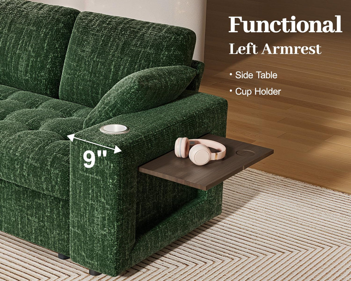 Vipbear 111" Sofa Bed, 7 Seat Modular Sectional Sleeper Sofa with Pull Out Bed, Chenille L Shaped Couch with Storage Ottoman|Cup Holders|Side Table|LED Light|USB Ports, Easy Assembly, Green