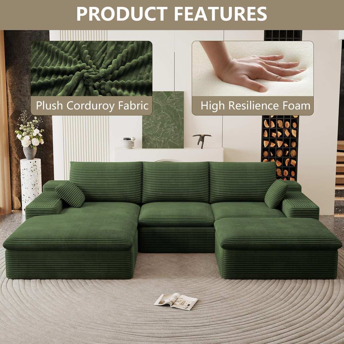 107" Cloud Couch Modular Sectional Couchs with Chaise Lounge, U-Shape Boneless Couches with Ottoman for Living Room, Corduroy Sofa with Deep Seat, No Assembly Required (Green, Left Facing Chaise)