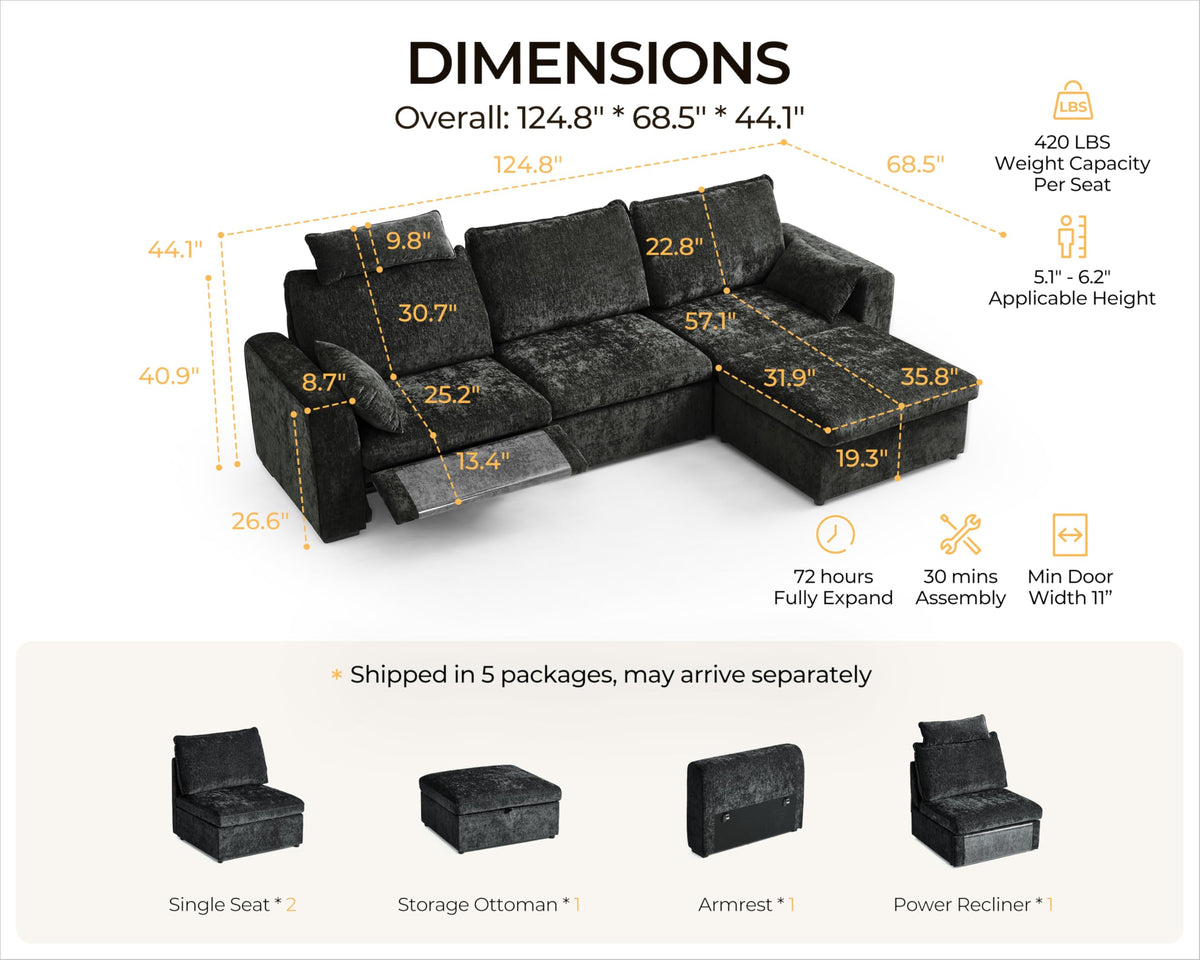125" Modular Power Reclining Sectional 3 Seater Sofa with Ottoman, Chenille