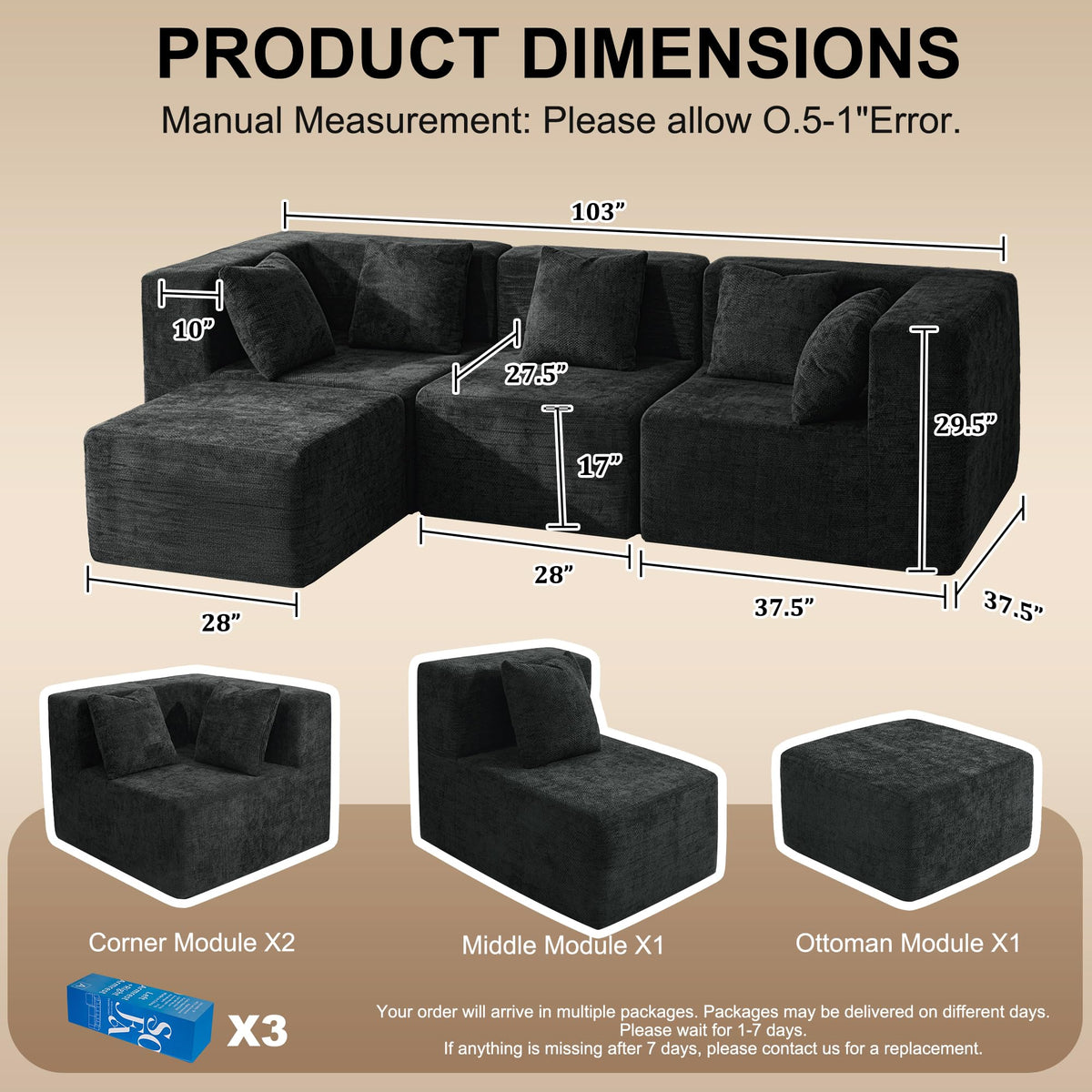 103" Three-Layer Sponge Boneless Couch sectional for Living Room Modular sectional Sofa High-Back 4-Seater L-Shape Couch with Ottoman Memory Foam Waterproof Chenille Black