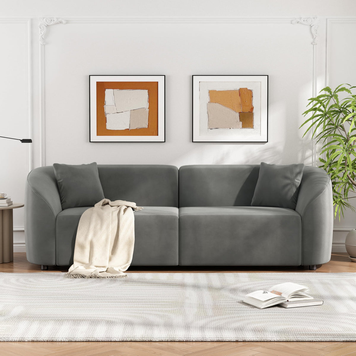 110" Sectional Sofa Round Curved Couch, Modern 4 Seat Sofa with Wood Grain Chenille Fabric, Comfy Deep Seat Sponge Couch with 4 Pillows for Living Room, White