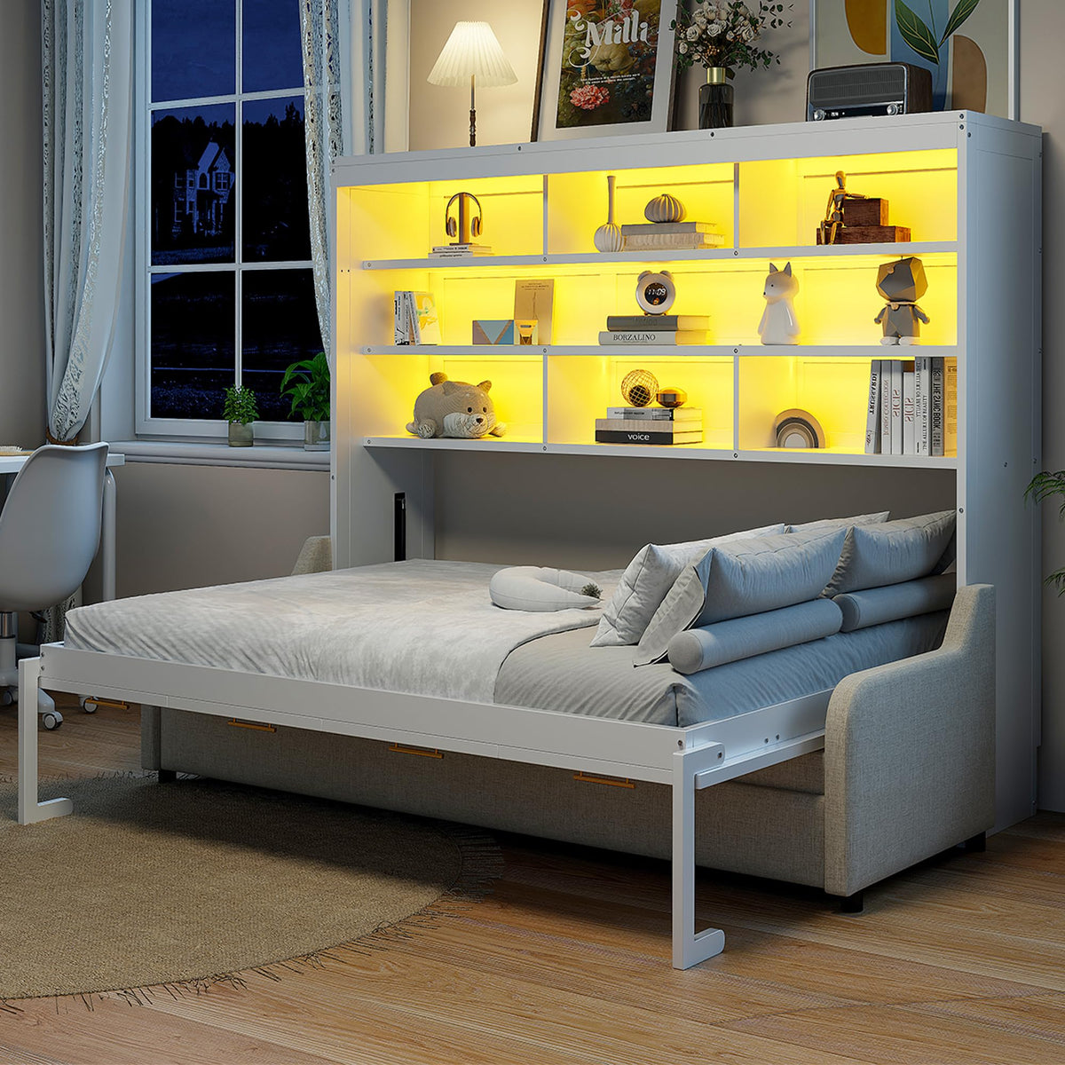 Wood Murphy Bed with Sofa, 4 Storage Shelves and USB Charging Station