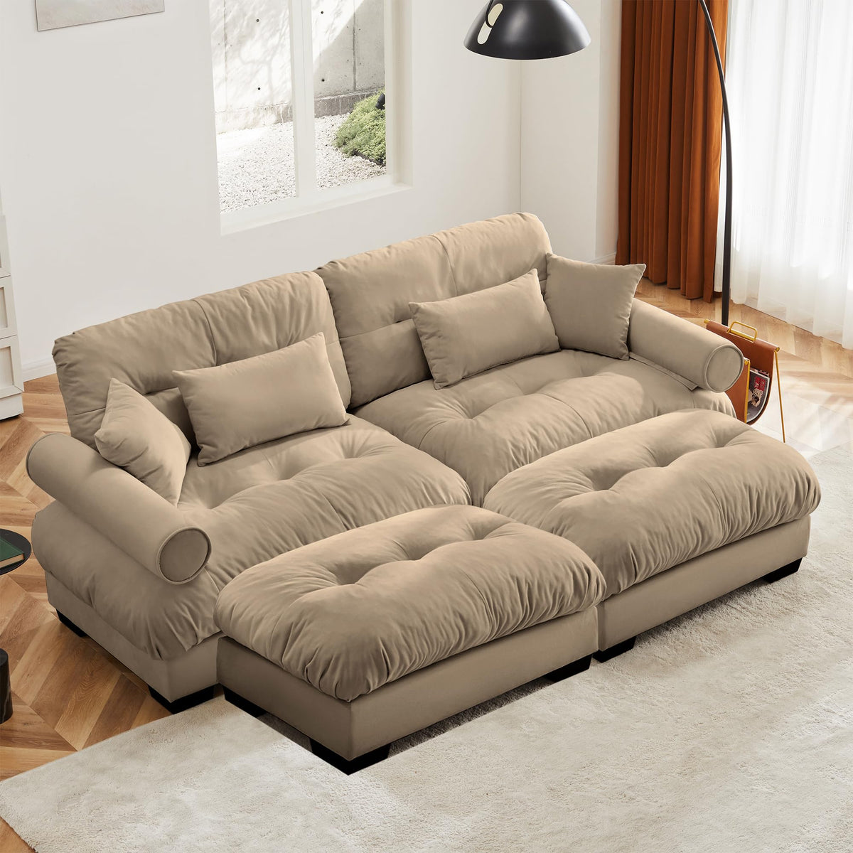 130" Modular Sectional Sofa,Velvet Upholstered Couches for Living Room,3 Seater Green Sofa Couch with Movable Ottoman,Big Comfy Loveseat Sofa with Deep Seats for Living Room,Apartment,Bedroom