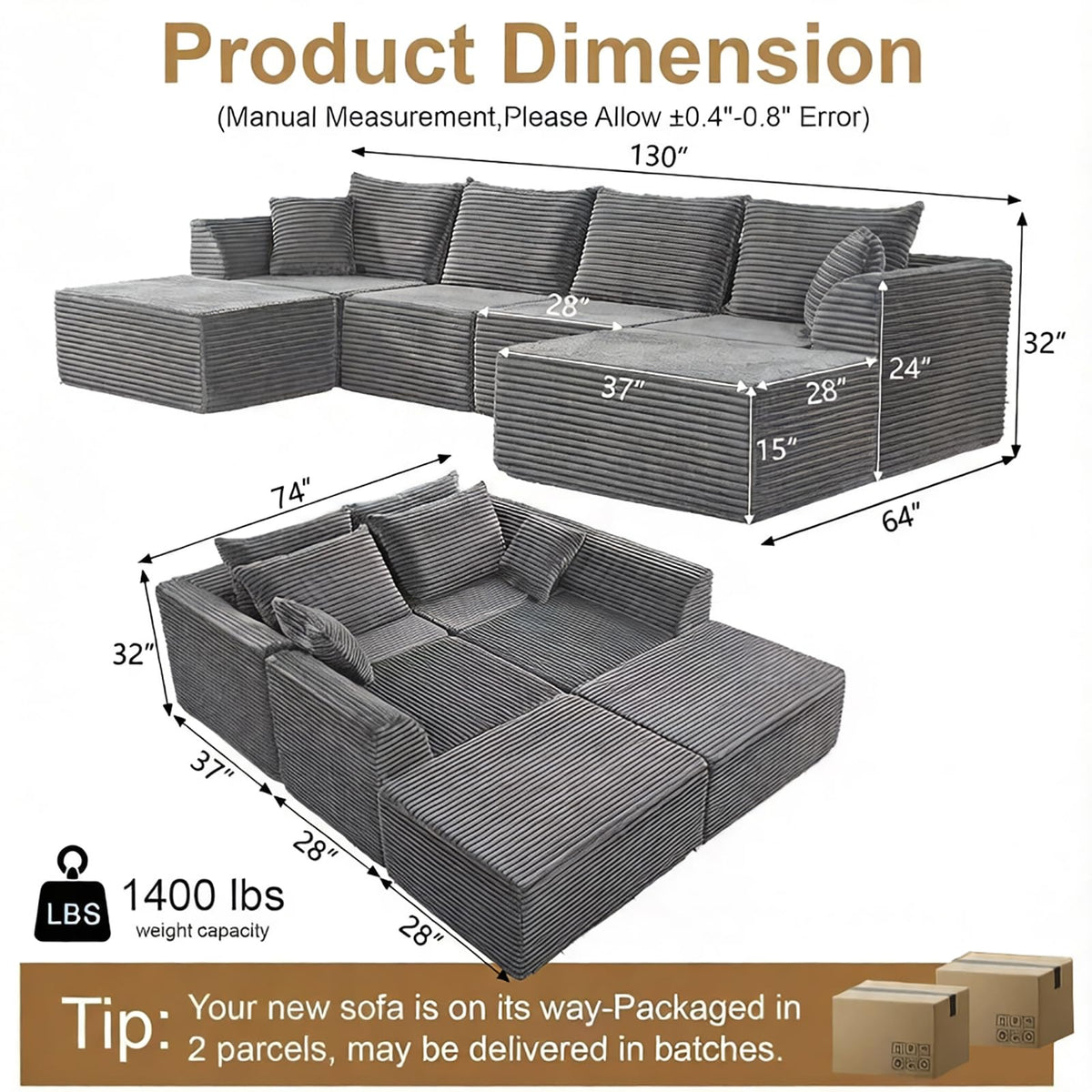 U Shaped Modular Sectional Couches for Living Room, 130" Cloud Modular Sectional Sofa Chaise, Fluffy Corduroy Couch with Deep Seat for Bedroom, No Assembly Required,Black