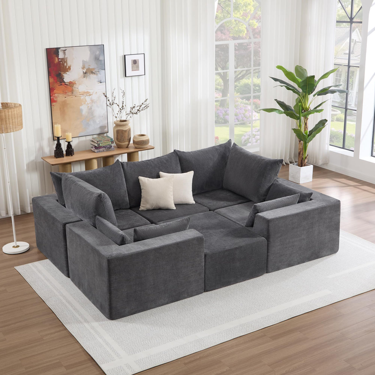 Tbfit Sectional Cloud Couch for Living Room, Comfy Boneless Sofa Bed with Angled Armrest, Modular Sofa with Wide & Deep Seat, Grey Chenille