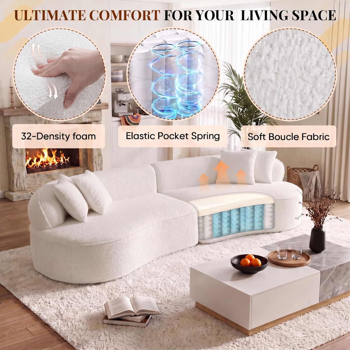 114" Curved Oversized Sectional Sofa,Modern Sherpa 4-Seater Extra Deep & Wide Seat Cloud Couch with 4 Throw Pillows,couches for Living Room&Apartment,No Assembly Required,White