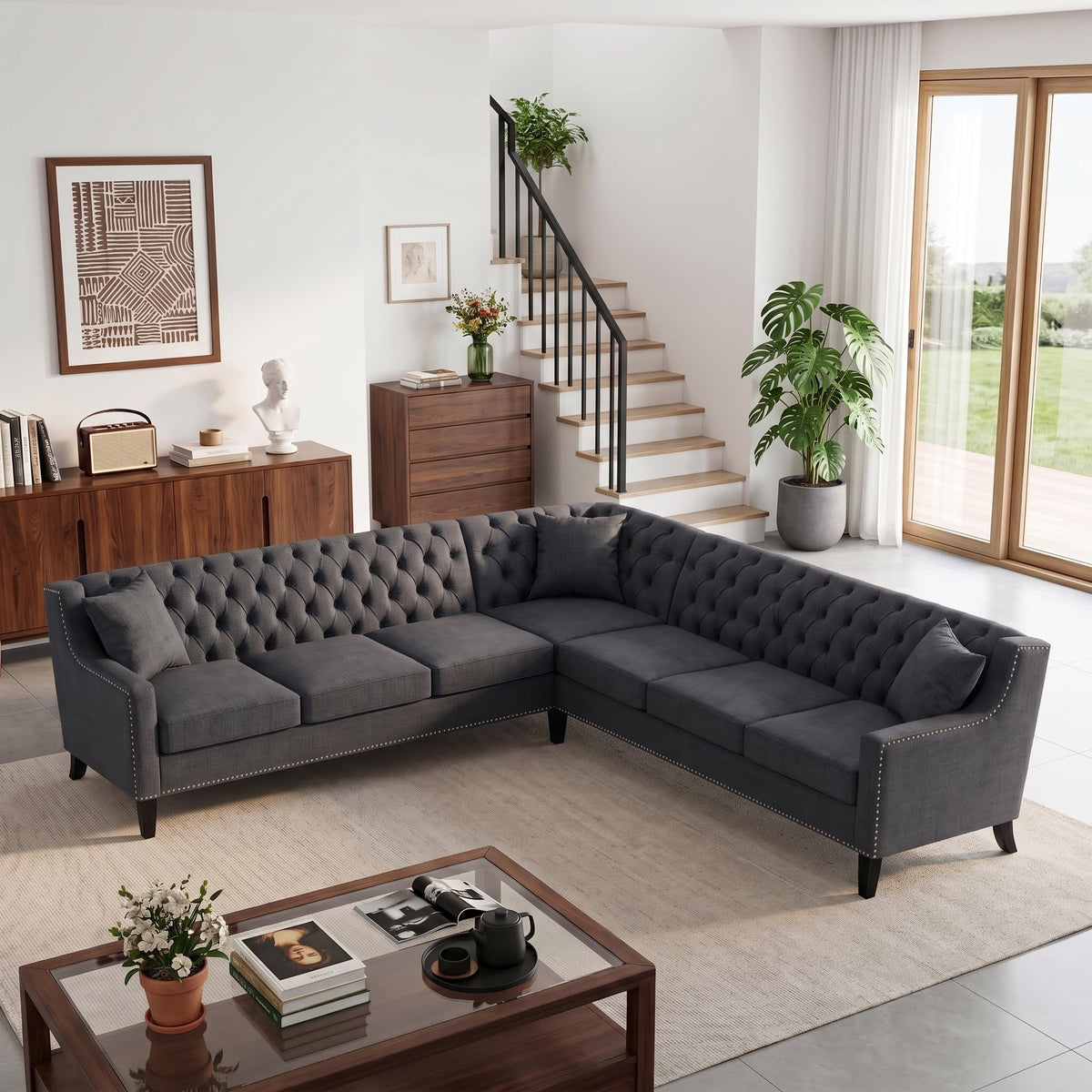 103" X 103" 7 Seat Corner Sofa L Shaped Couch Chenille Sectional Couch with Three Pillows Tufted Backrest Chesterfield L Shaped Sofa Sectional Couches for Living Room Office, Restaurant, Bar Beige