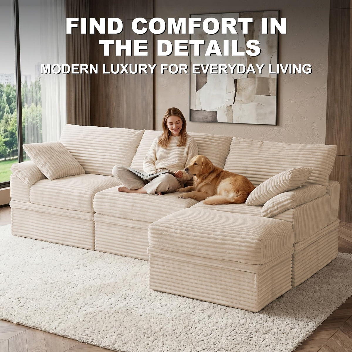 107'' Modular Sectional Sofa with Storage, L-Shaped Boneless Couch