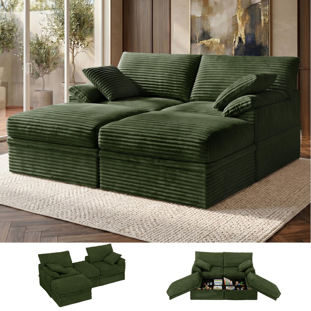 107'' Modular Sectional Sofa with Storage, L-Shaped Boneless Couch