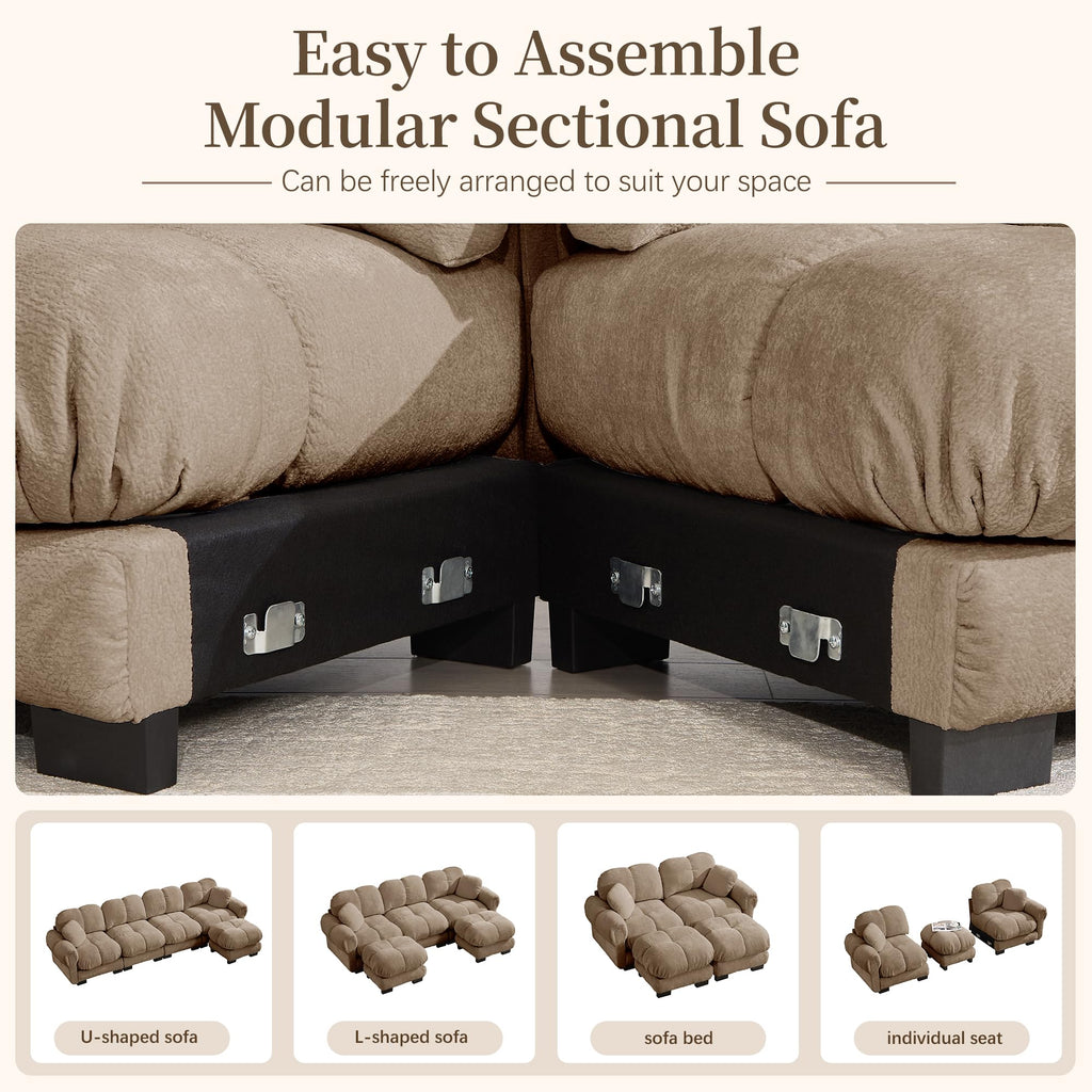 103.9" Modular Cloud Couch, Oversize U-Shaped Sectional Sofa with Ottoman, Deep Seat Chenille Couch, Anti-Slip Design, Modern 3-Seater Sofa for Living Room/Apartment/Bedroom, Brown