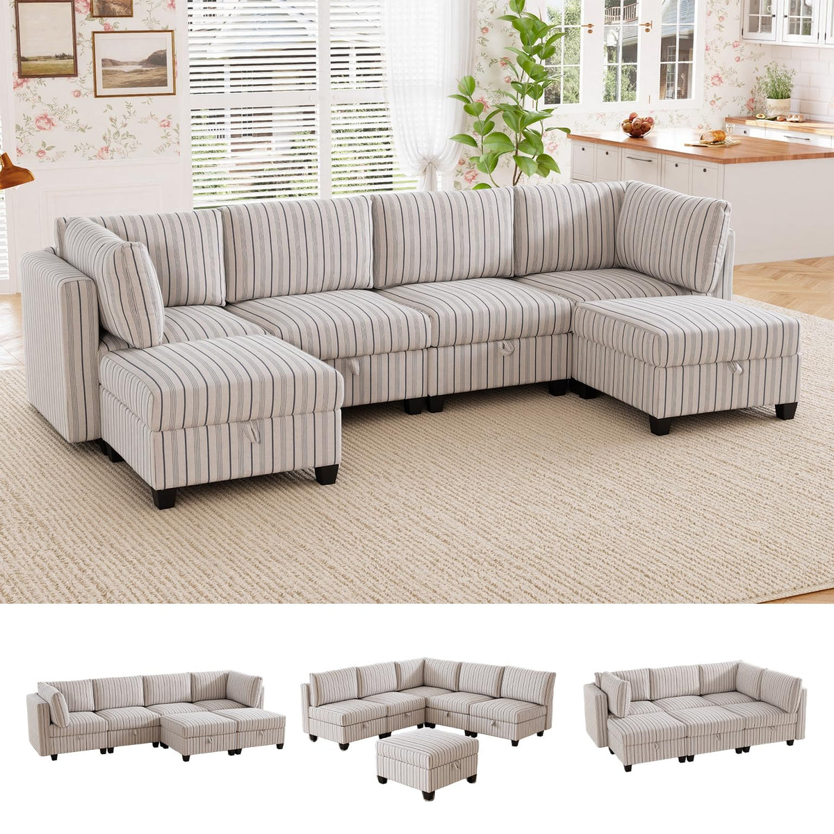 125" Oversized Modular 6 Seater Sofa with Removable Cover and Storage, Convertible U, L-Shaped Sofa, Modern Striped Fabric Couch with Movable Ottoman for Living Room, Apartment