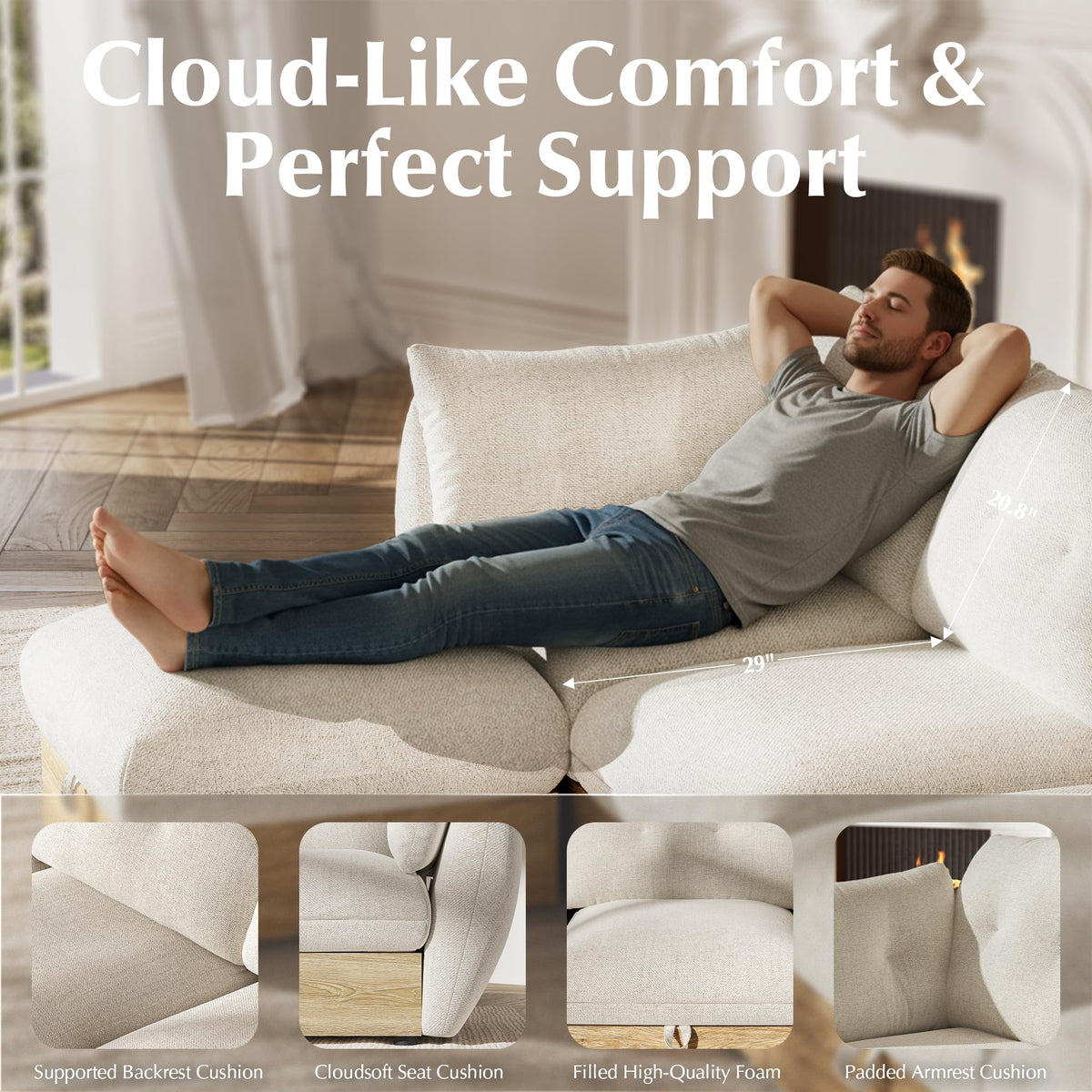 134" L Shaped Cloud Couch Sectional Modular Sofa with Storage, Modular Deep Seat Couch Oversized Sofa with Ottoman, Armrest Pillow, Easy Assembly for Living Room, Apartment, Office, Ivory