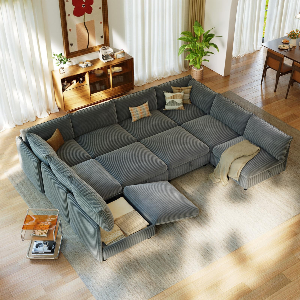 10 Seat U Shaped Modular Corduroy Sofa Bed Couch with Hidden Storage and Movable Ottomans Deep Seat Convertible Sectional for Sectional Couches for Living Room Bedroom, Black
