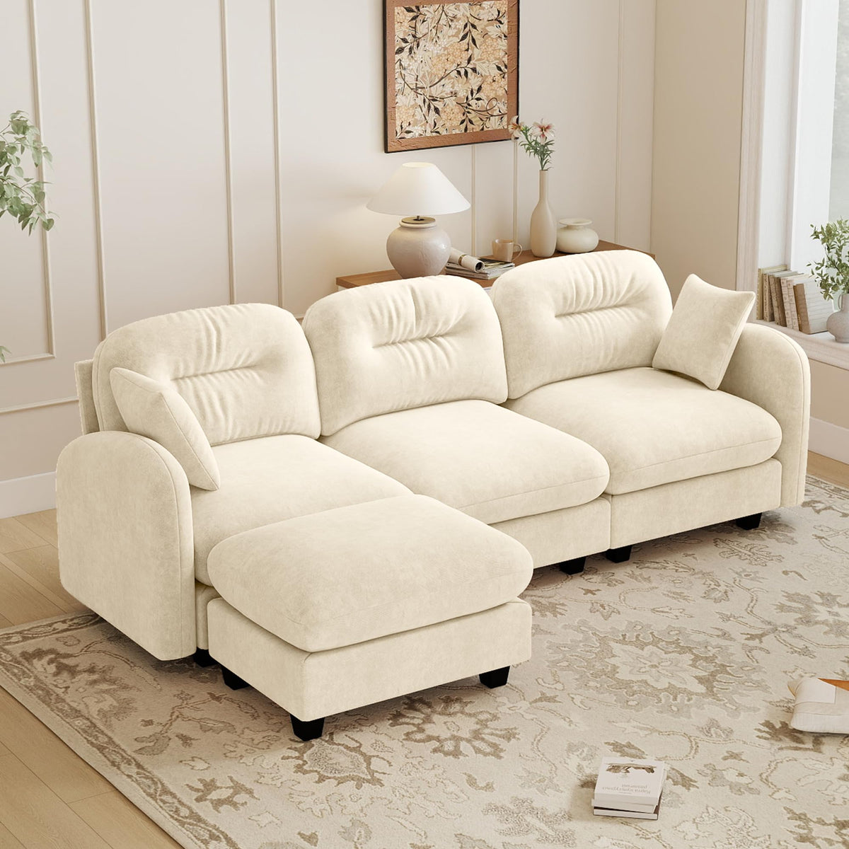107-Inch L-Shaped Modular Convertible Sectional Sofa W/Removable Ottoman Chaise, Modern Chenille Upholstered Corner Cloud Couches 4 Seat Sectional Sofa for Living Room