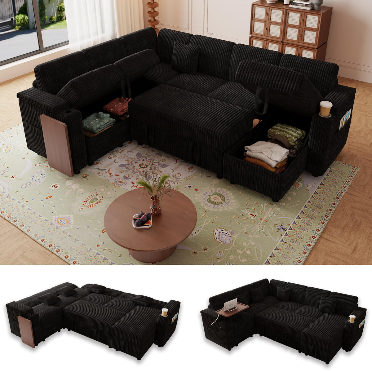 100'' Sectional Sleeper Sofa, Corduroy U Shaped Reclining Couch, Dark Gray
