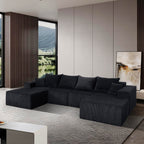 128" Premium Corduroy Deep Seat Chaise Lounge Indoor, Modern Boneless Compressed Floor Sectional Sofa with No Assembly, Free Combination Modular Cloud Sectional Sofa for Living Room, Black
