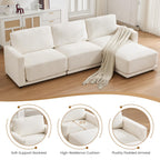 110.6" Modular Sectional Sofa with Ottoman, Upholstered L Shaped Sectional Couch with Thick Cushions, Oversized Chenille Comfy 4 Seater Sofas for Living Room, Easy Assembly, White