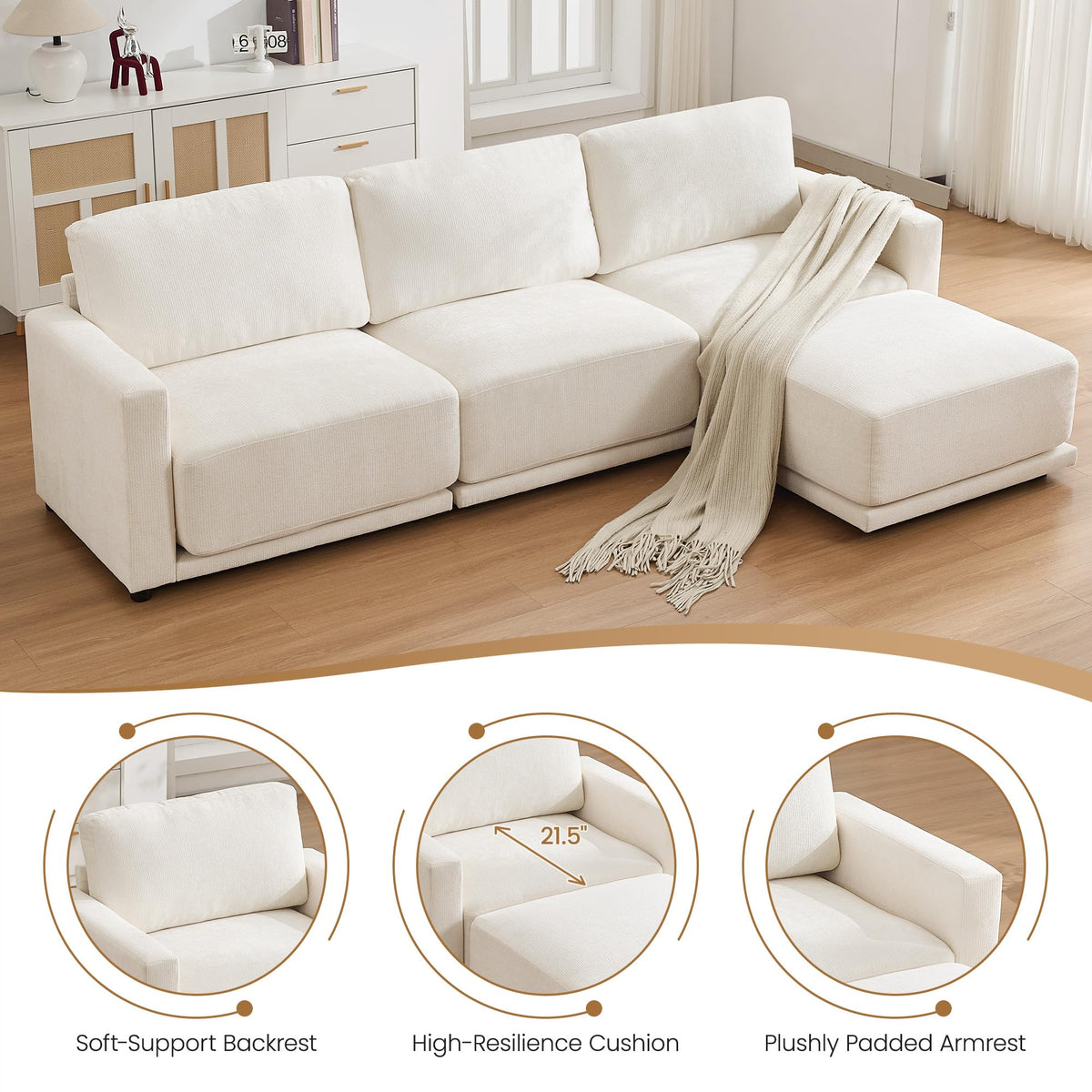 110.6" Modular Sectional Sofa with Ottoman, Upholstered L Shaped Sectional Couch with Thick Cushions, Oversized Chenille Comfy 4 Seater Sofas for Living Room, Easy Assembly, White