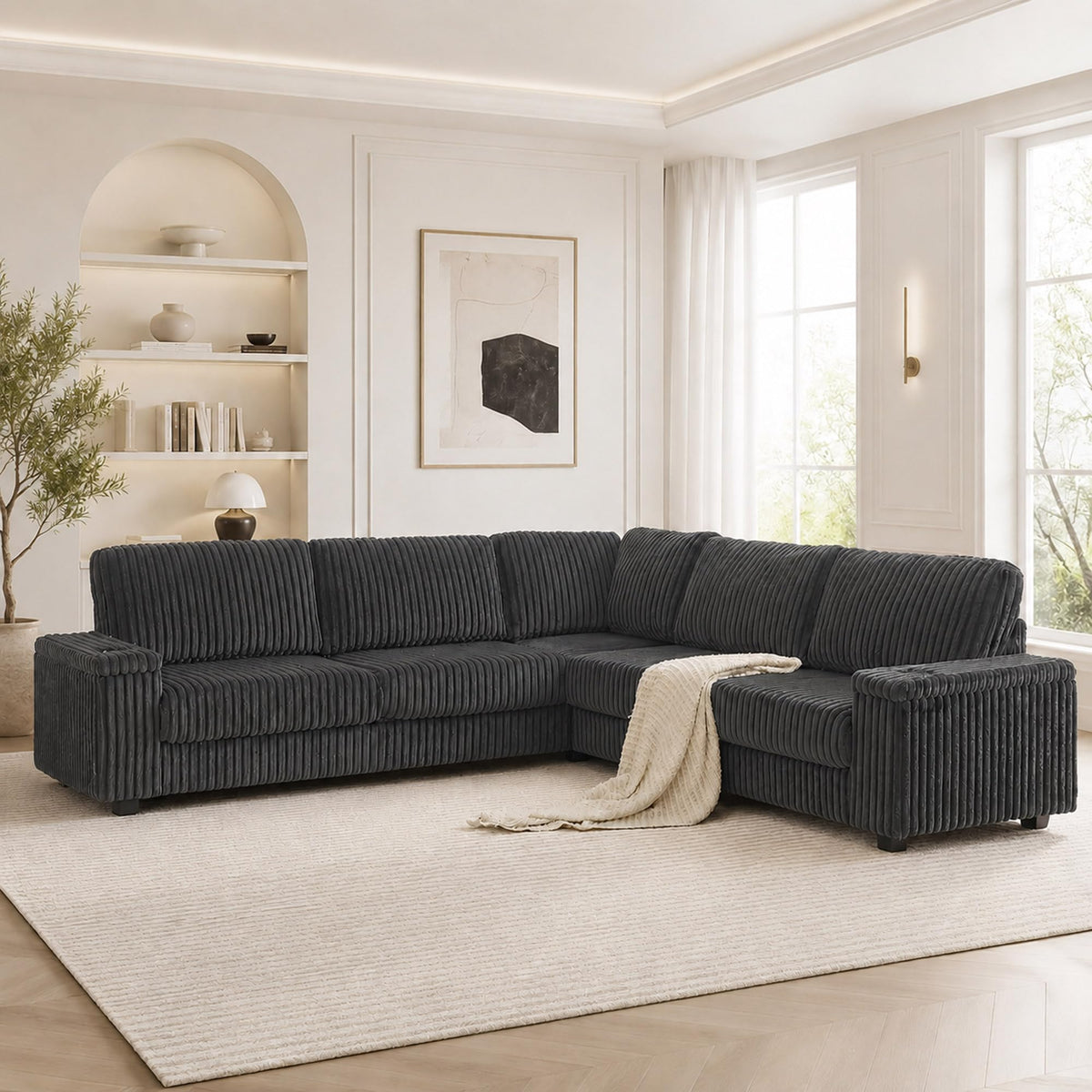 106'' Oversized Sectional Sofa Couch, Plush Corduroy V-Shaped Corner Couch with USB Charger, Armrest Storage and Cup Holders, Deep Seat Sectional Couches for Living Room, Grey