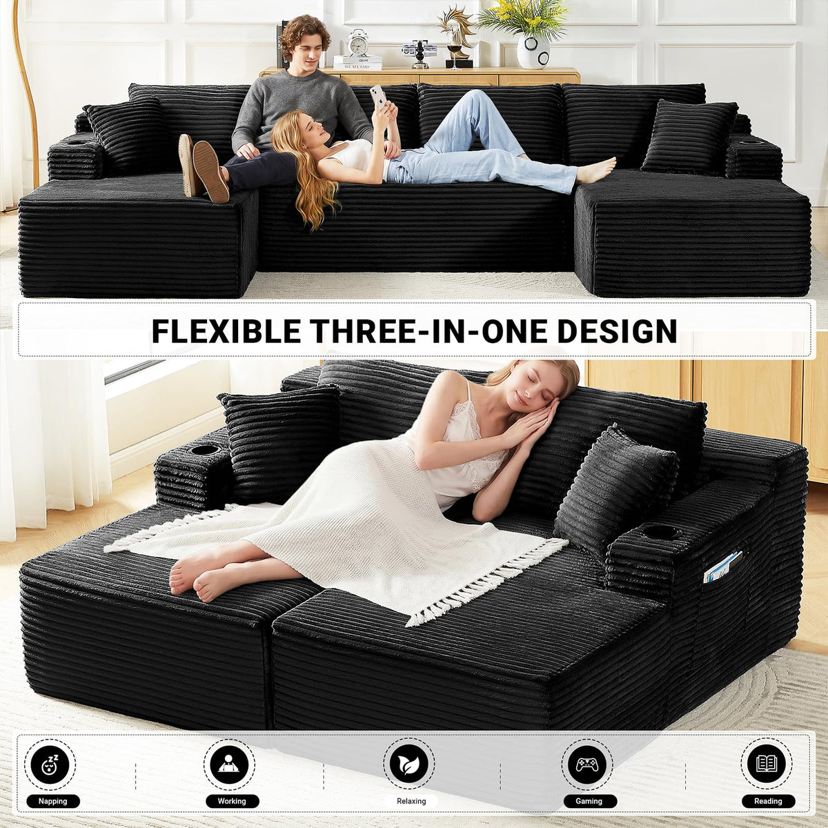 134" Modular Sectional Sofa Couch, Oversized U Shaped Boneless Couches with Side Pockets & Cup Holders, 4-Seater Modern Deep Seat Corduroy Sofa for Living Room, No Assembly, Black