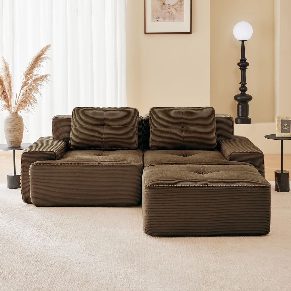 115.3” Camel Boneless Couches for Living Room, Modular Sectional Sofa with L-Shape Chaise, 3 Seater Comfy Upholstered Deep Seat Corduroy Fabric Cloud Couch No Assembly, Anti-Slip Design