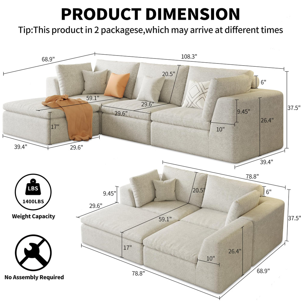 109" Oversized Modular Sectional Sofa L Shaped, Cloud Sectional Couch with Ottoman Deep Seat,Boneless Memory Foam Sofa for Living Room,Teddy Fleece Fabric, No Tools Assembly Required (Beige,1 Ottoman)