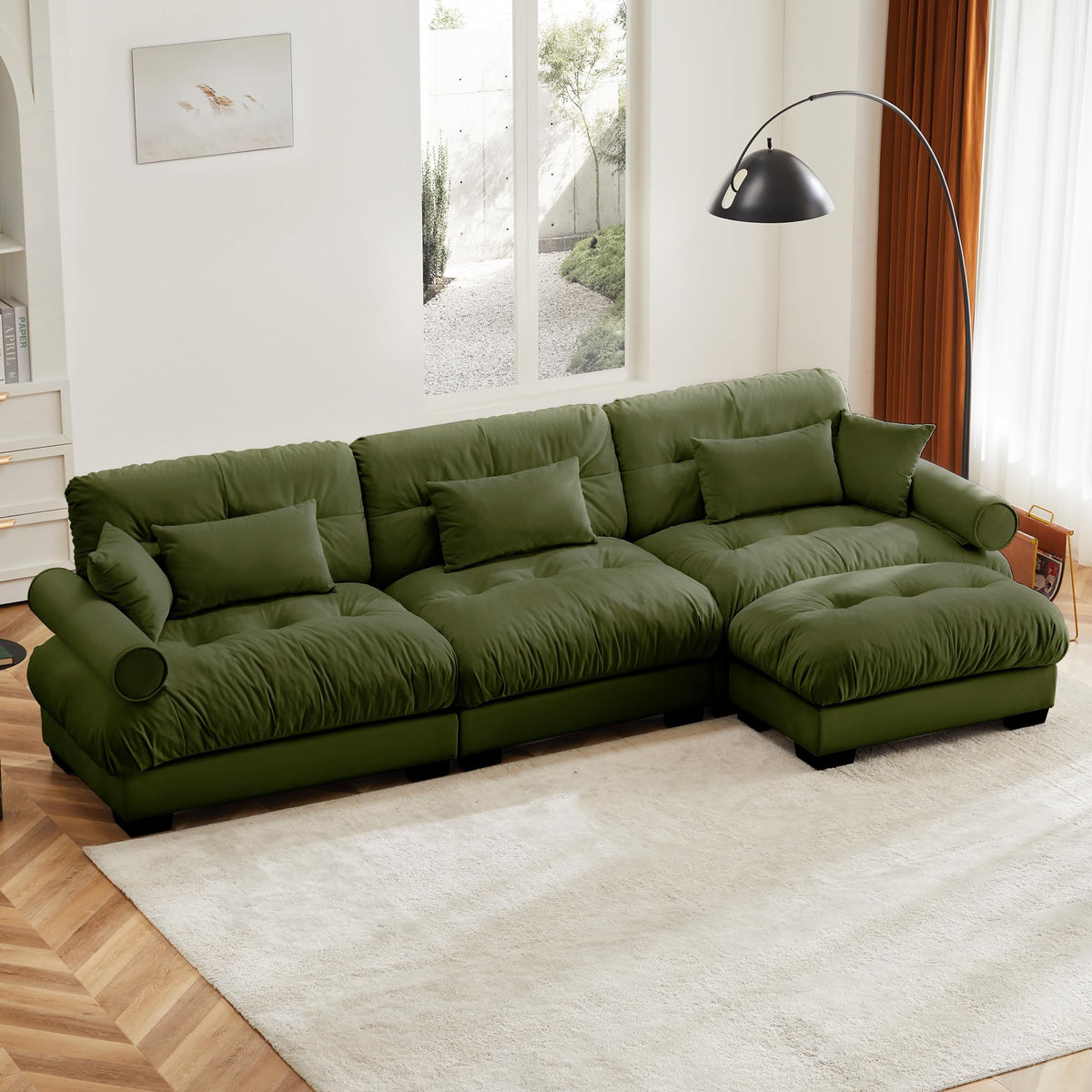 130" Modular Sectional Sofa,Velvet Upholstered Couches for Living Room,3 Seater Green Sofa Couch with Movable Ottoman,Big Comfy Loveseat Sofa with Deep Seats for Living Room,Apartment,Bedroom