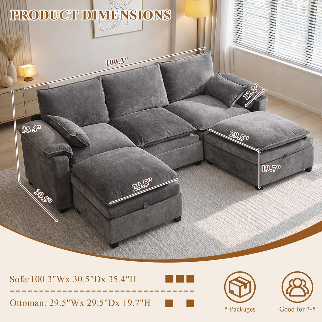 108" Modular Sectional Sofa with Storage Ottoman, Sectional Couches for Living Room, Chenille U Shaped Cloud Couch with Pillow, Deep Seater Sofa for Apartment, Light Gray
